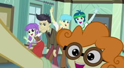 Size: 1482x813 | Tagged: safe, derpibooru import, screencap, bright idea, captain planet, cranky doodle donkey, scribble dee, starlight, equestria girls, friendship games, background human, cropped, end credits, female, group photo, male, right there in front of me, selfie, smiling, unamused