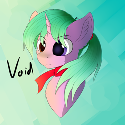 Size: 2500x2500 | Tagged: safe, artist:lunar froxy, derpibooru import, oc, oc only, oc:void, unicorn, abstract background, bust, clothes, heterochromia, male, scarf, smiling, solo, stallion