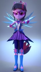 Size: 1080x1920 | Tagged: safe, artist:efk-san, derpibooru import, sci-twi, twilight sparkle, equestria girls, legend of everfree, 3d, armpits, clothes, crystal guardian, crystal wings, gloves, ponied up, smiling, solo, visor