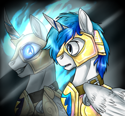 Size: 2110x1954 | Tagged: safe, artist:not-ordinary-pony, derpibooru import, oc, oc only, alicorn, pony, alicorn oc, armor, duality, evil, good, mirror, point commission, reflection, solo, teeth