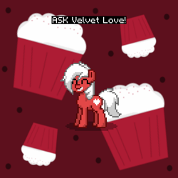 Size: 400x400 | Tagged: safe, derpibooru import, oc, oc only, oc:velvet love, pony, ask, cupcake, female, food, happy, mare, pony town, red, smiling, text, tumblr, white hair