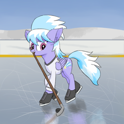 Size: 2500x2500 | Tagged: safe, artist:litrojia, derpibooru import, cloudchaser, pegasus, pony, clothes, female, hockey, hockey stick, ice hockey, ice skates, jersey, mare, mouth hold, open mouth, shirt, skating, solo, sports, winter