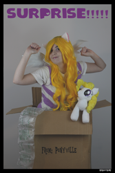 Size: 3456x5184 | Tagged: safe, artist:krazykari, derpibooru import, surprise, human, pony, box, clothes, cosplay, costume, high res, irl, irl human, photo, solo, toy