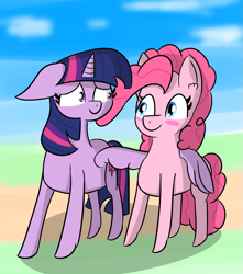 Size: 1937x2189 | Tagged: safe, artist:artiks, derpibooru import, pinkie pie, twilight sparkle, twilight sparkle (alicorn), alicorn, earth pony, pony, blushing, duo, duo female, female, hug, lesbian, mare, shipping, twinkie, winghug