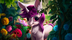 Size: 1600x887 | Tagged: safe, artist:lulemt, derpibooru import, oc, oc only, oc:lapush buns, pony, unicorn, bunnycorn, chest fluff, detailed, flower, grass, long ears, looking at you, male, stallion