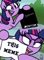 Size: 1080x1442 | Tagged: safe, artist:quarium edits, derpibooru import, edit, twilight sparkle, twilight sparkle (alicorn), alicorn, dead meme, death note, ed edd n eddy, exploitable meme, irony, meme, overdue, paradox, self-destruction, twilight's death note, twilight's fact book