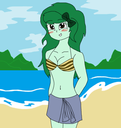 Size: 1772x1872 | Tagged: safe, artist:brandon-vortex, derpibooru import, wallflower blush, better together, equestria girls, forgotten friendship, beach, belly button, bikini, bikini top, blushing, breasts, cleavage, clothes, female, midriff, ocean, shy, solo, swimsuit