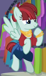 Size: 268x442 | Tagged: safe, derpibooru import, screencap, valley glamour, pegasus, pony, fake it 'til you make it, bracelet, clothes, cropped, female, flying, happy, jewelry, mare, necklace, solo