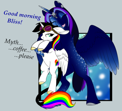 Size: 1156x1049 | Tagged: safe, artist:mythpony, derpibooru import, oc, oc only, oc:lightning bliss, oc:myth, alicorn, pony, alicorn oc, bipedal, dialogue, female, freckles, goggles, hug, leonine tail, mare, rainbow alicorn, rainbow hair