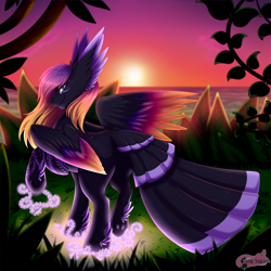 Size: 2400x2400 | Tagged: safe, artist:pinktabico, derpibooru import, oc, oc only, oc:blooming lotus, pegasus, pony, colored wings, colored wingtips, commission, feathered ears, feathered fetlocks, female, gradient wings, grass, looking at you, looking back, looking back at you, mare, multicolored mane, multicolored wings, ocean, raised hoof, rear view, sky, smiling, solo, spread wings, standing, sunset, tail feathers, underhoof, water, wings