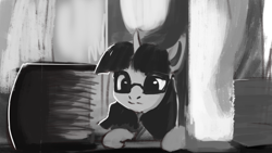 Size: 1920x1080 | Tagged: safe, artist:hierozaki, derpibooru import, twilight sparkle, pony, book, glasses, grayscale, monochrome, solo