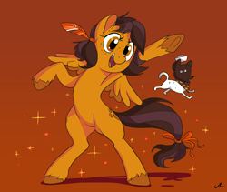 Size: 3800x3200 | Tagged: safe, artist:docwario, derpibooru import, oc, oc:warm wishes, dog, pegasus, pony, bipedal, feather, open mouth, smiling, solo, spread wings, wings