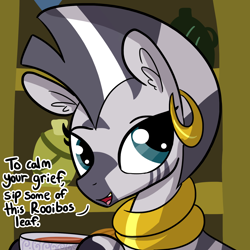Size: 1650x1650 | Tagged: safe, artist:tjpones, derpibooru import, zecora, zebra, bowl, bust, cup, cute, dialogue, ear fluff, ear piercing, earring, female, food, hoof hold, jewelry, looking at you, mare, open mouth, piercing, rhyme, rooibos, smiling, solo, tea, zecora's hut, zecorable