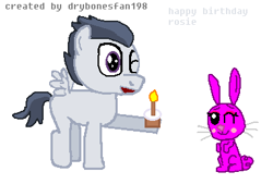 Size: 383x259 | Tagged: safe, artist:drypony198, derpibooru import, rumble, oc, oc:rosie bunny, pegasus, pony, rabbit, birthday, candle, cupcake, food