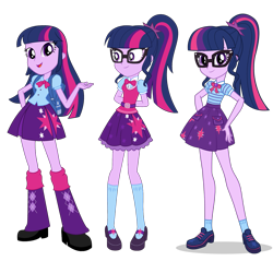 Size: 1475x1475 | Tagged: safe, artist:aqua-pony, derpibooru import, sci-twi, twilight sparkle, twilight sparkle (alicorn), alicorn, equestria girls, equestria girls series, spoiler:eqg specials, adorkable, arm behind back, backpack, belt, bowtie, clothes, comparison, cute, dork, geode of telekinesis, glasses, leg warmers, long hair, mary janes, open mouth, pleated skirt, ponytail, shoes, simple background, skirt, smiling, socks, solo, standing, transparent background, twiabetes, vector