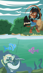 Size: 780x1323 | Tagged: safe, artist:dbkit, derpibooru import, oc, oc:ghajini, oc:hightide, fish, kelpie, merpony, adopted offspring, fishing, fishing hook, fishing rod, hook, next generation, offspring, parent:dumbbell, parent:gilda, parent:rainbow dash, parents:dumbdash, underwater