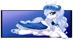 Size: 3264x1784 | Tagged: safe, artist:mythpony, derpibooru import, oc, oc:luella, bat pony, pony, female, floral head wreath, flower, mare, prone, solo