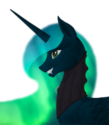 Size: 850x975 | Tagged: safe, artist:perlen, derpibooru import, oc, oc only, oc:princess perlen, alicorn, pony, alicorn oc, collar, fangs, female, green eyes, mare, neck corset, posture collar, simple background, solo, transparent background