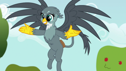 Size: 1280x720 | Tagged: safe, derpibooru import, screencap, gabby, griffon, the fault in our cutie marks, flying, mailbag, solo