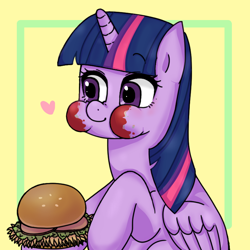 Size: 800x800 | Tagged: safe, artist:770nanao15, derpibooru import, twilight sparkle, twilight sparkle (alicorn), alicorn, pony, burger, cute, eating, female, food, hamburger, heart, mare, puffy cheeks, that pony sure does love burgers, twiabetes, twilight burgkle