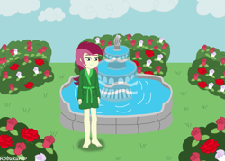 Size: 1057x755 | Tagged: safe, artist:robukun, derpibooru import, roseluck, equestria girls, barefoot, clothes, feet, flower, fountain, robe, rose, solo