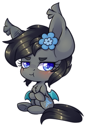 Size: 405x598 | Tagged: safe, artist:ak4neh, derpibooru import, oc, oc only, oc:seachell, bat pony, bat pony oc, blushing, chest fluff, chibi, female, flower, flower in hair, fluffy, grumpy, mare, simple background, solo, transparent background