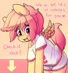 Size: 1329x1439 | Tagged: safe, artist:hoodie, derpibooru import, oc, oc only, oc:announcer pony, pegasus, pony, advertisement, clothes, cute, male, ocbetes, shirt, shorts, solo, t-shirt, text, wings