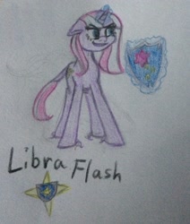 Size: 1738x2048 | Tagged: safe, artist:pumpkinpie59, derpibooru import, oc, oc only, oc:libra flash, unicorn, female, magic, mare, next generation, offspring, parent:star tracker, parent:twilight sparkle, parents:twitracker, shield, solo, traditional art