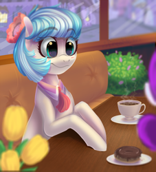 Size: 1024x1127 | Tagged: dead source, safe, artist:freckleplant, derpibooru import, coco pommel, earth pony, pony, blushing, coffee, cup, donut, female, food, implied rarity, offscreen character, table, window