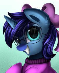 Size: 1424x1764 | Tagged: safe, artist:pridark, derpibooru import, oc, oc only, oc:save state, pony, bow, clothes, female, glasses, grin, hair bow, looking at you, smiling, solo