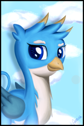 Size: 2000x3000 | Tagged: safe, artist:theunconsistentone, derpibooru import, gallus, griffon, school daze, season 8, blue background, cloud, cute, gallabetes, looking at you, male, simple background, sky, smiling, solo, tail, wings