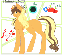 Size: 768x689 | Tagged: safe, artist:malinraf1615, derpibooru import, oc, oc:lyli, earth pony, pony, abstract background, cowboy hat, female, freckles, hat, mare, offspring, parent:applejack, parent:caramel, parents:carajack, reference sheet, solo, stetson