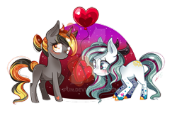 Size: 799x507 | Tagged: safe, artist:ipun, derpibooru import, oc, oc only, oc:coal burst, oc:madi hatter, earth pony, pony, unicorn, balloon, blushing, box of chocolates, female, heart balloon, heart eyes, mare, simple background, transparent background, watermark, wingding eyes