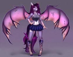 Size: 1280x1000 | Tagged: safe, artist:aimi, derpibooru import, oc, oc only, oc:dawn aurora, anthro, bat pony, anthro oc, bat pony oc, breasts, clothes, commission, female, hand on hip, large wings, looking at you, mare, pleated skirt, short shirt, skimpy, skirt, solo, stockings, wings