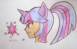 Size: 3120x1972 | Tagged: safe, artist:aloubell, derpibooru import, twilight sparkle, human, bust, eared humanization, horned humanization, humanized, ponytail, portrait, solo, traditional art