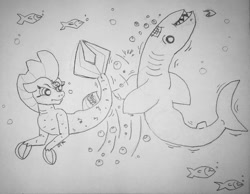 Size: 1024x796 | Tagged: safe, artist:jamestkelley, derpibooru import, tempest shadow, fish, seapony (g4), shark, my little pony: the movie, fight, seaponified, sketch, solo, species swap, traditional art, underwater