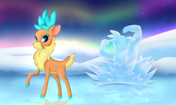 Size: 1500x900 | Tagged: safe, artist:berryveloce, derpibooru import, velvet reindeer, deer, reindeer, them's fightin' herds, aurora borealis, community related, female, ice, ice sculpture, snow, solo