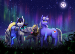 Size: 870x624 | Tagged: safe, artist:c_vonbear, derpibooru import, oc, oc only, oc:kert benson, oc:platinum band, oc:platinum pen, oc:soft feather, commission, group photo, herd, moon, night