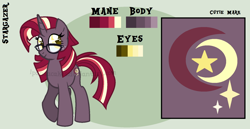 Size: 1602x828 | Tagged: safe, artist:ipandacakes, derpibooru import, oc, oc:stargazer, pony, unicorn, female, glasses, mare, offspring, parent:moondancer, parent:star tracker, reference sheet, solo