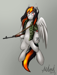 Size: 2400x3200 | Tagged: safe, artist:milkychocoberry, derpibooru import, oc, oc only, oc:cannon car, bipedal, clothes, ear piercing, earring, female, gun, jewelry, mare, piercing, scar, simple background, solo, tattoo, weapon
