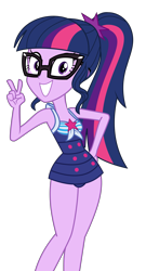 Size: 3111x5768 | Tagged: safe, artist:keronianniroro, derpibooru import, sci-twi, twilight sparkle, better together, equestria girls, forgotten friendship, adorasexy, adorkable, clothes, cute, dork, glasses, grin, looking at you, peace sign, ponytail, sexy, simple background, smiling, solo, swimsuit, transparent background, twiabetes, vector