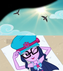 Size: 1920x2160 | Tagged: safe, derpibooru import, edit, screencap, sci-twi, twilight sparkle, seagull, equestria girls, equestria girls series, forgotten friendship, armpits, overhead view, squint