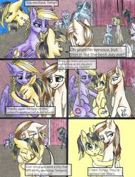 Size: 1950x2550 | Tagged: safe, artist:tillie-tmb, derpibooru import, oc, oc only, oc:mavis morel, oc:storm sabre, oc:sweet potato, oc:tempest, earth pony, pegasus, pony, unicorn, comic:the amulet of shades, braid, comic, female, flashback, mare, traditional art, younger