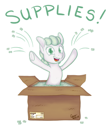 Size: 1024x1184 | Tagged: safe, artist:gracewolf, derpibooru import, oc, oc:packing peanuts, earth pony, pony, box, female, mare, packing peanuts, pony in a box, solo, supplies, underhoof