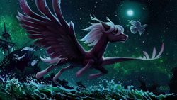 Size: 3071x1726 | Tagged: safe, artist:holivi, derpibooru import, oc, oc only, bird, pegasus, pony, commission, ear fluff, feather, flying, full moon, ghost ship, large wings, looking forward, male, milky way galaxy, moon, night, night sky, outdoors, realistic anatomy, sailship, ship, sky, socks (coat marking), spread wings, stallion, starry night, stars, water, windswept mane, wings