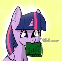 Size: 1198x1169 | Tagged: safe, artist:artiks, derpibooru import, twilight sparkle, twilight sparkle (alicorn), alicorn, book, descriptive noise, female, mare, nom, simple background, solo, that pony sure does love books, yellow background