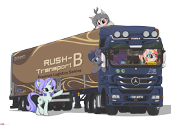 Size: 3320x2436 | Tagged: safe, alternate version, artist:orang111, derpibooru import, oc, oc:chicory, oc:lai chi, oc:violet rose, bat pony, unicorn, bat pony oc, detailed, rush b, semi truck, simple background, transparent background, truck, vehicle