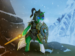 Size: 2000x1500 | Tagged: safe, artist:foxyghost, derpibooru import, oc, oc only, semi-anthro, armor, crossover, dawnbreaker, mountain, shield, skyrim, snow, snowfall, solo, spellbreaker, sword, the elder scrolls, weapon, ych result