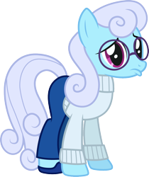 Size: 1000x1192 | Tagged: safe, artist:cloudyglow, derpibooru import, linky, shoeshine, earth pony, pony, clothes, clothes swap, cosplay, costume, disney, female, glasses, inside out, pixar, ponified, sad, sadness (inside out), simple background, solo, transparent background