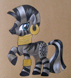 Size: 950x1041 | Tagged: safe, artist:andpie, derpibooru import, zecora, zebra, bracelet, ear piercing, earring, jewelry, piercing, raised hoof, solo, traditional art